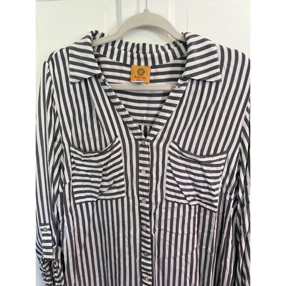 Ruby Rd Women’s 1X Top Striped Long Sleeve Roll Tab Sleeves Button Up - Picture 2 of 10